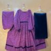 3Pc cotton long frock with printed design in pink and navy