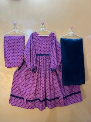 3Pc cotton long frock with printed design in pink and navy