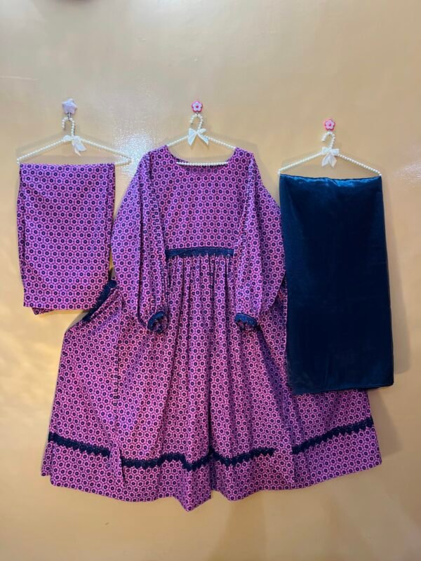 3Pc cotton long frock with printed design in pink and navy