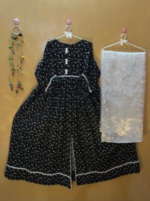 Black printed cotton long frock with organza dupatta – 2 piece
