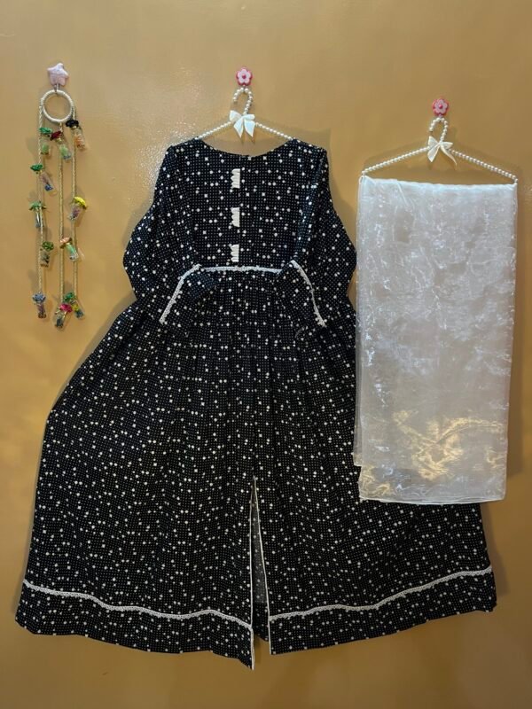 Black printed cotton long frock with organza dupatta – 2 piece