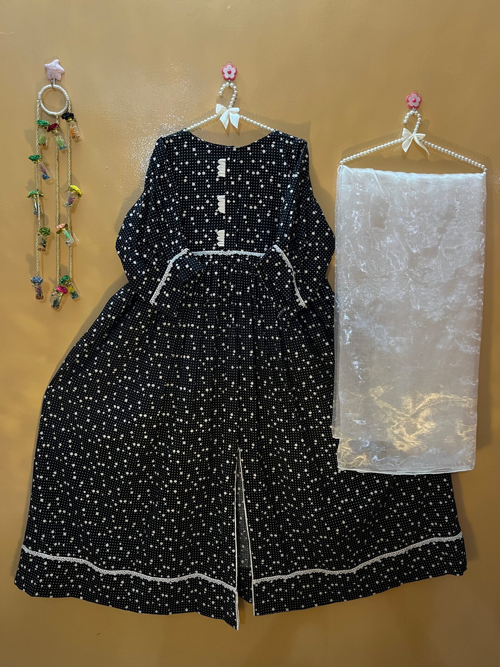 Black printed cotton long frock with organza dupatta – 2 piece