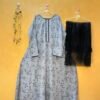 2Pc lawn long frock in grey with black floral print and lace neckline