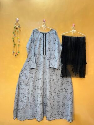 2Pc lawn long frock in grey with black floral print and lace neckline